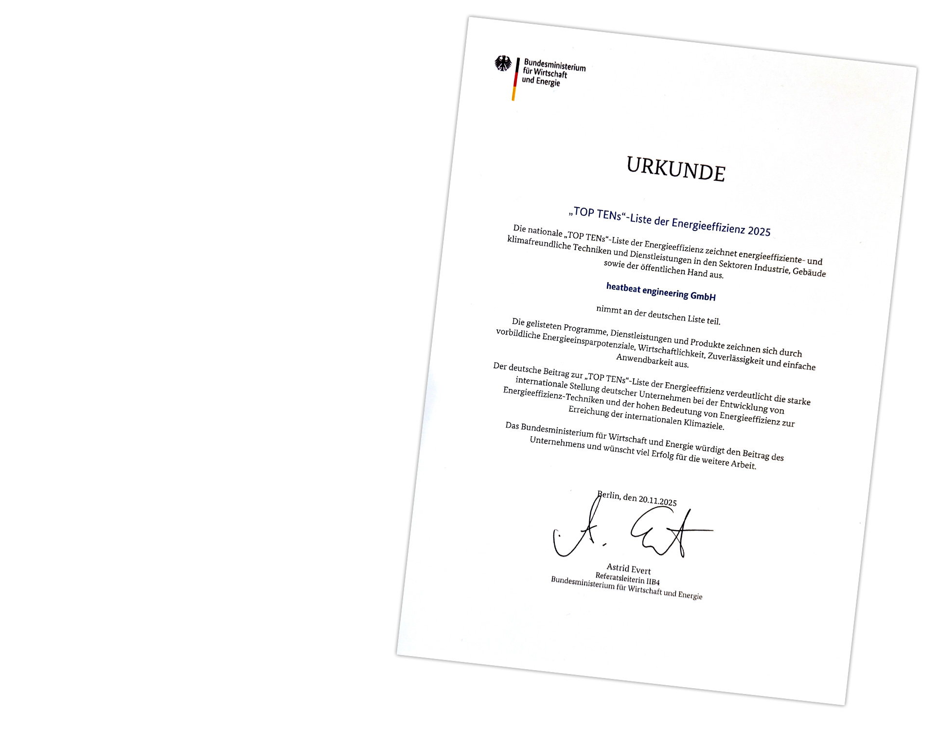 Certificate from the TOP TENs liste